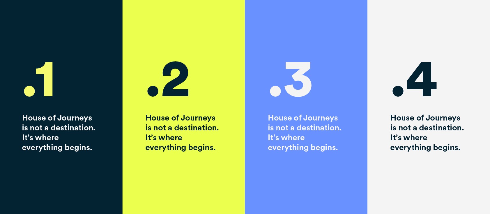 House of Journeys typographic colour card system across the primary palette