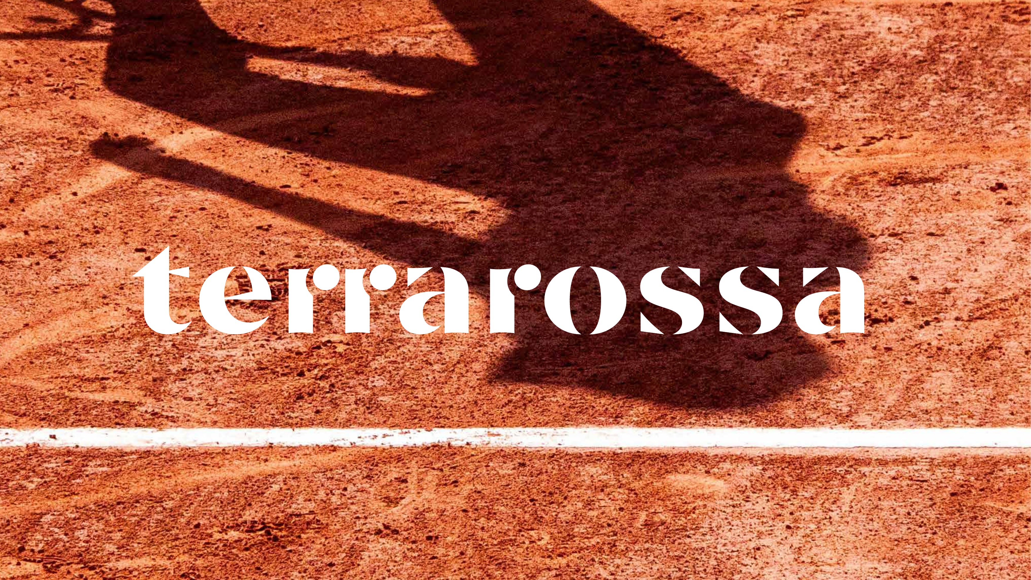 Terrarossa wordmark over a clay court with a player's shadow