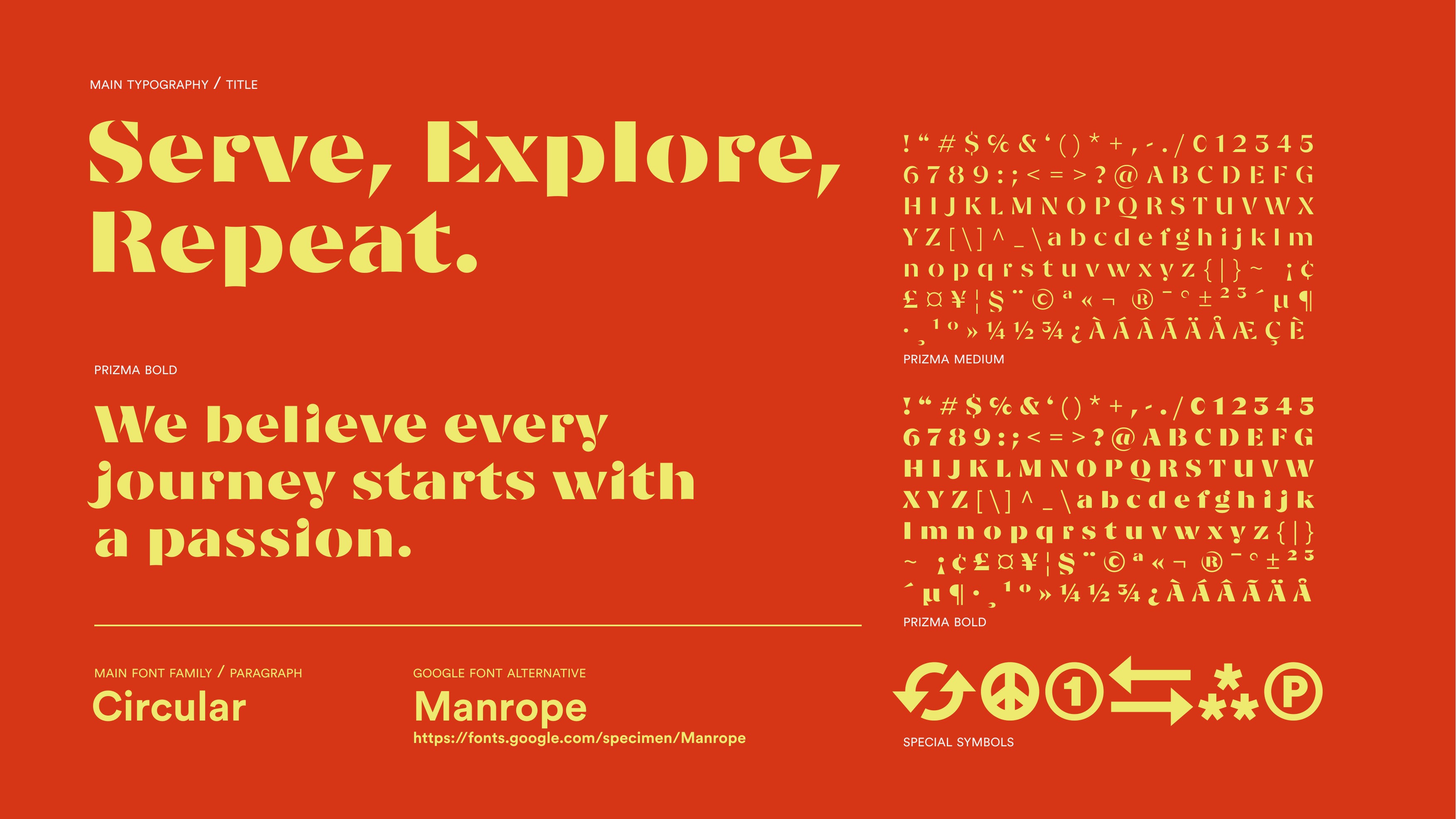 Terrarossa main typography specimen — Serve, Explore, Repeat, Prizma Bold and Circular