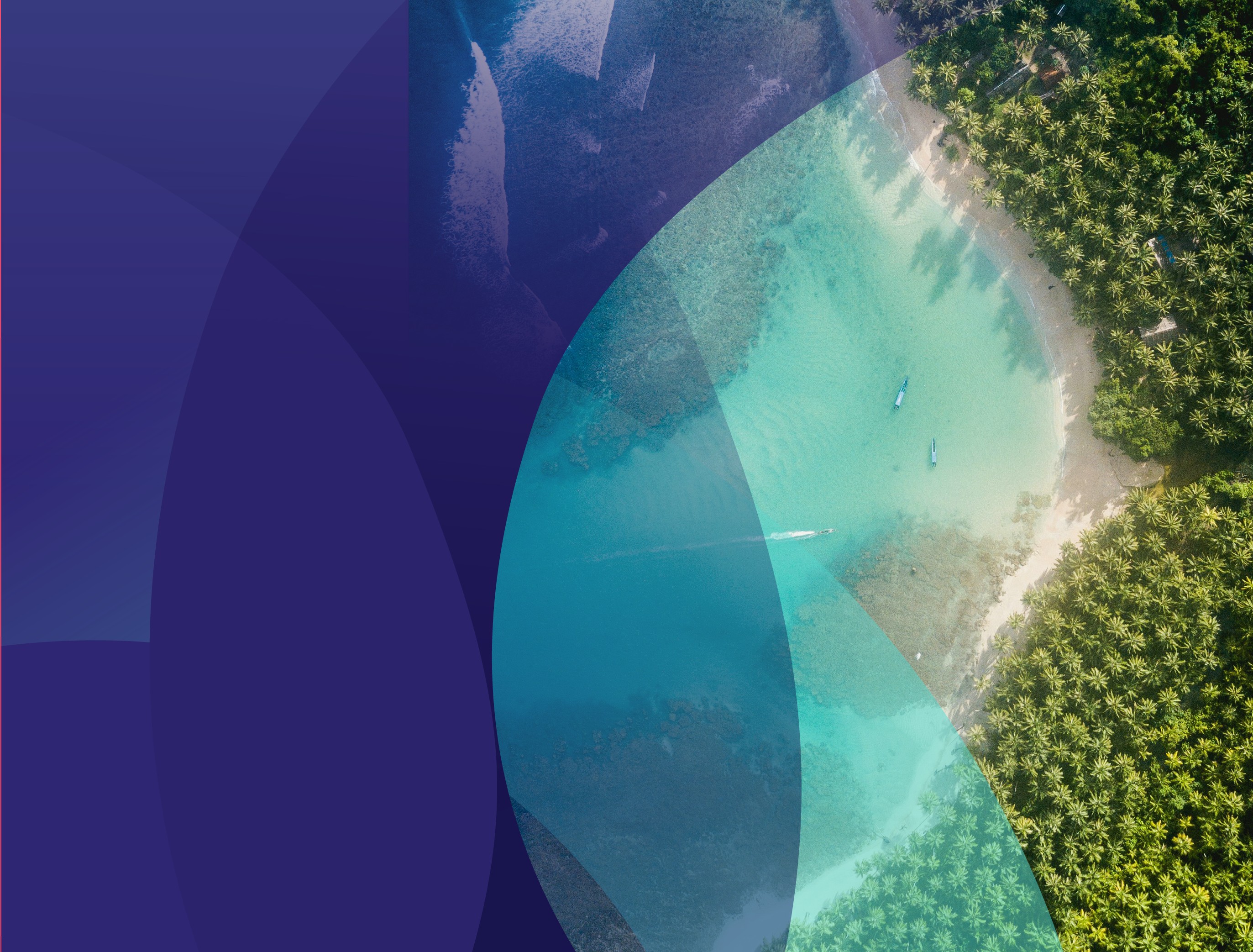 Weebora brand swoosh graphic overlaid on aerial beach photo